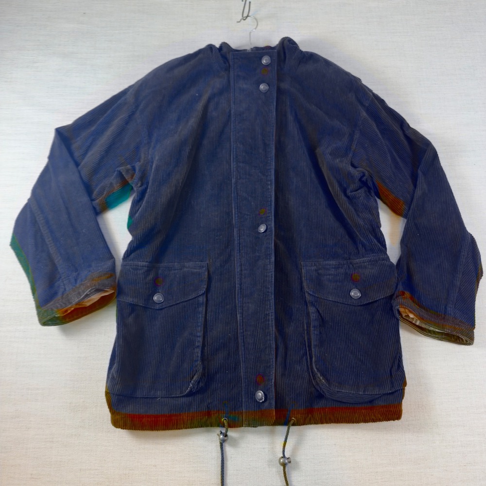 Vintage 90s Braetan Corduroy Jacket Mens M Navy Plaid Lined Hooded Field Coat